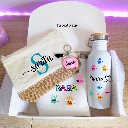 Cajita Manos (Tote + neceser + botella + llavero)