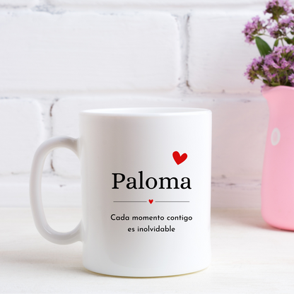 Taza nombre + dedicatoria con corazón