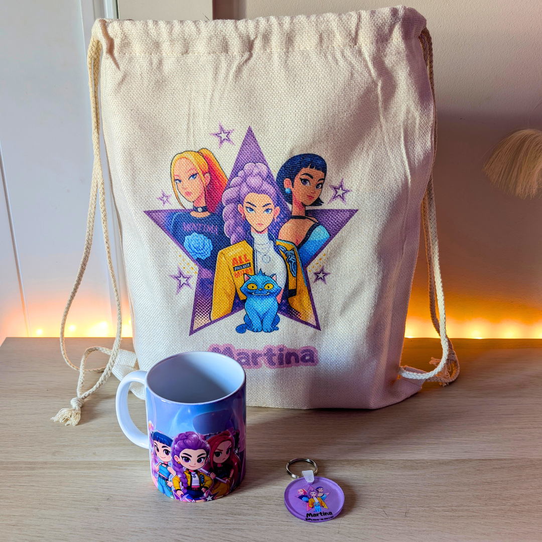 Pack Kpop Huntrix  Personalizado: Taza + Mochila o Tote + Llavero