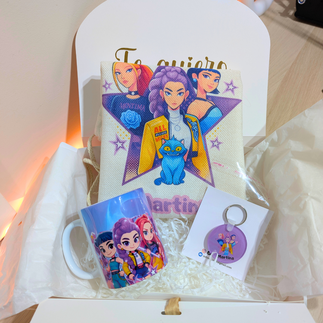 Cajita regalo Kpop Huntrix  Personalizado: Taza + Mochila o tote + Llavero