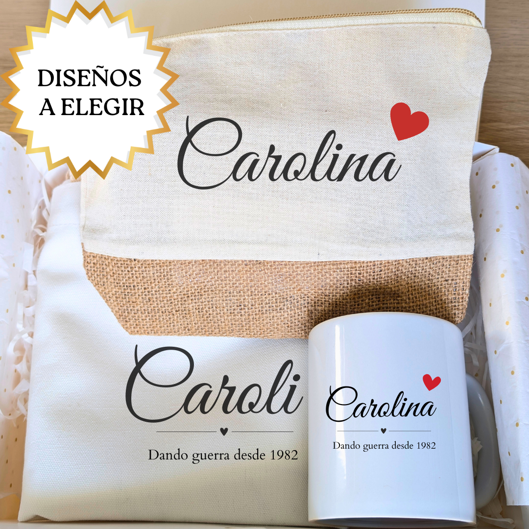 Cajita a personalizar  (Taza + Tote bag + Neceser)