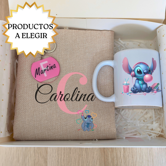 Cajita Stitch (Taza + llavero + Mochila o Tote)